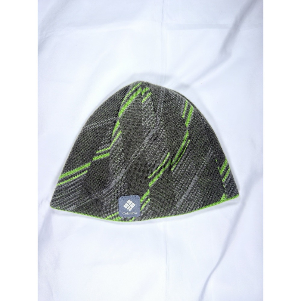 Columbia Reversible Beanie Gray Neon Green Knit Winter Hat Ski Outdoor Unisex
